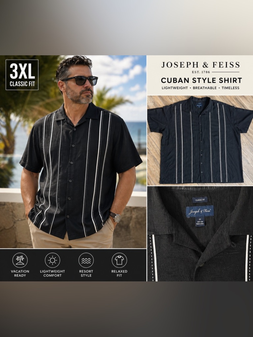 Joseph & Feiss Black Cuban Guayabera Shirt 3XL Short Sleeve Button Up Classic